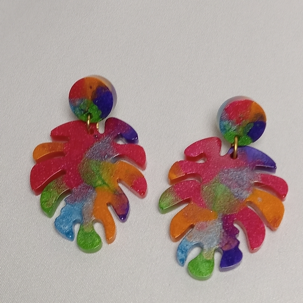 Hand Crafted Rainbow Monstera Leaf Earrings